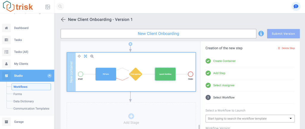 Trisk creating a workflow new client onboarding