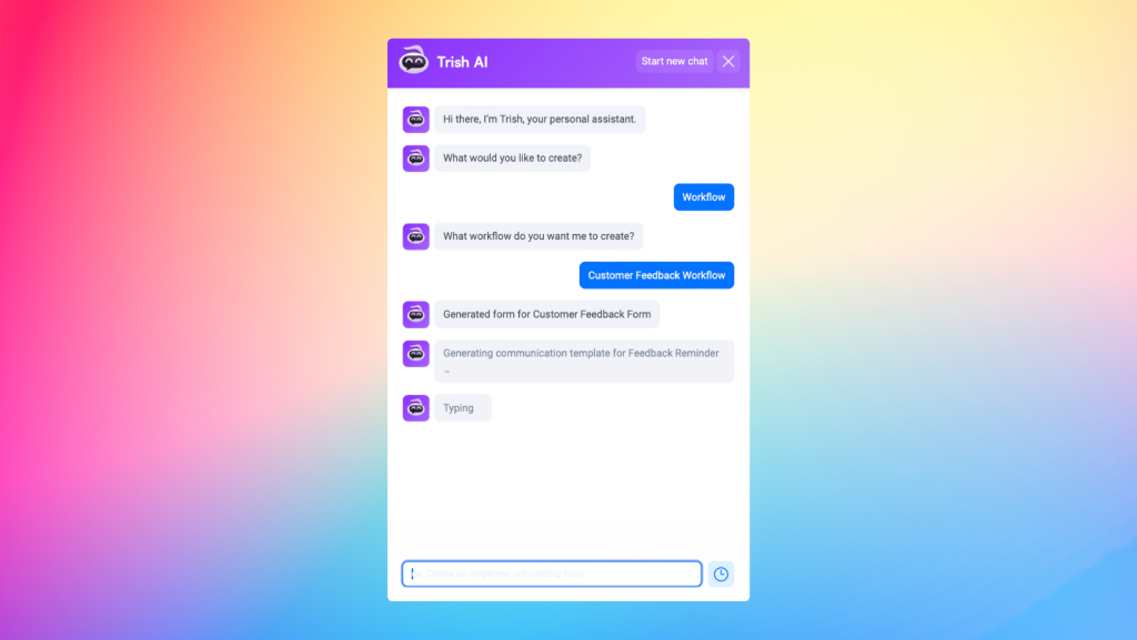 Screenshot of Trish AI chat with request to create a Customer Feedback Workflow